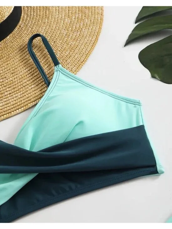 Bikini Set High Waisted Bottom & Twist Front Top Size M Green & Teal - Picture 4 of 10